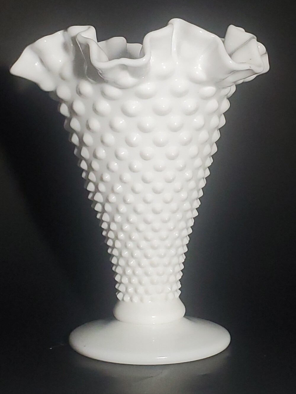 FENTON - Vintage Large Hobnail Milk Glass Trumpet Vase with Crimped Ruffled Rim